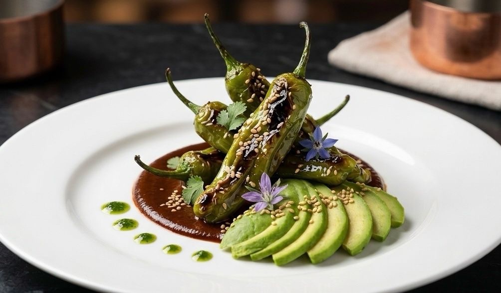 Blistered Shishito Peppers with Mole and Avocado